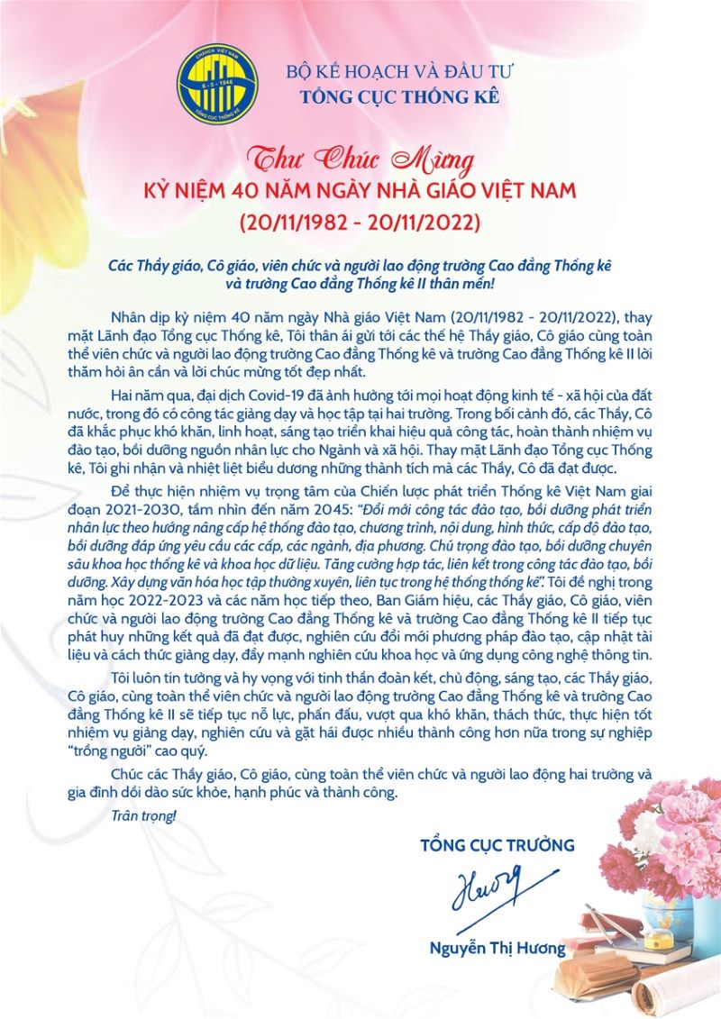 Thư chúc mừng kỷ niệm 40 năm ngày Nhà giáo Việt Nam (20/11/1982 - 20/11/2022)